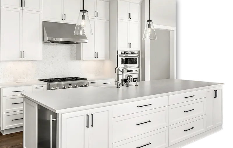 Luxury white kitchen cabinets and island installation in Brookline
