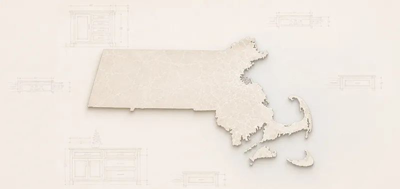 Stylized map of Massachusetts with custom cabinetry blueprint details representing the company’s service area.