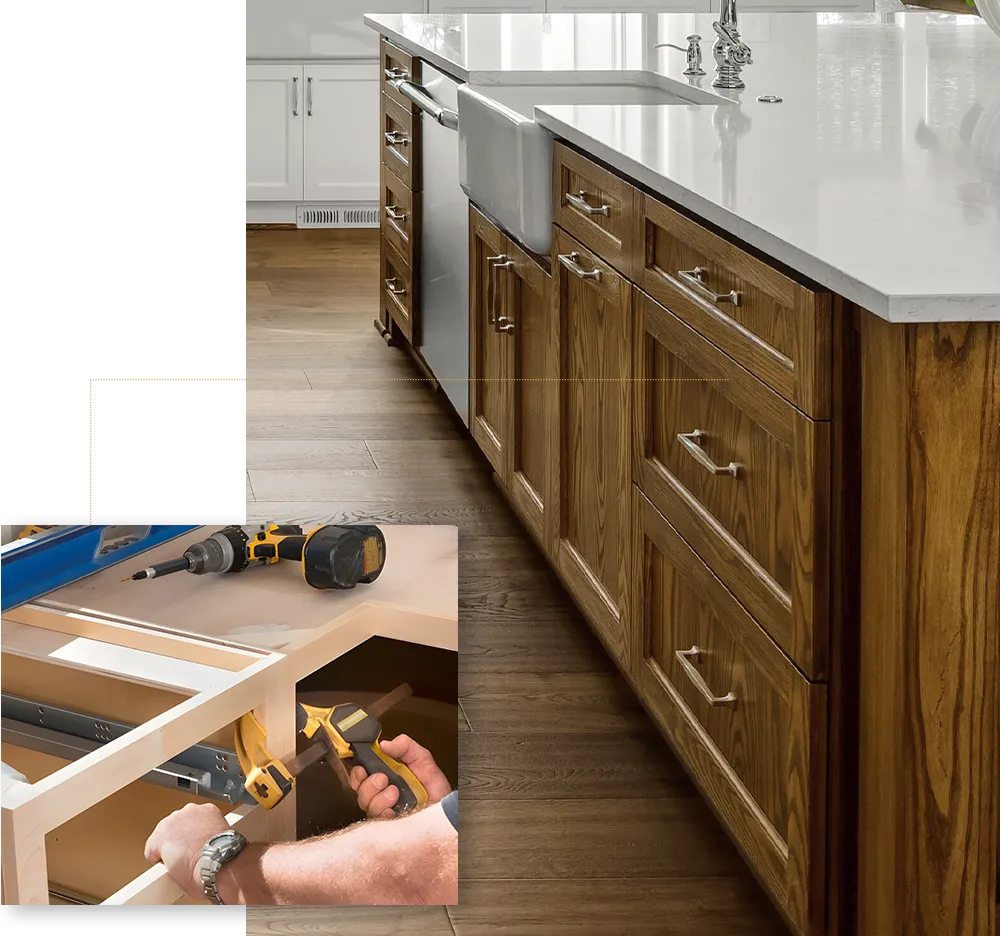 Premium custom cabinetry construction and hardware installation for a luxury wood kitchen island in Greater Boston