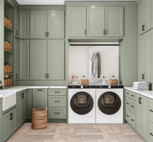 Laundry room with sage green US Cabinet Depot Oxford cabinets