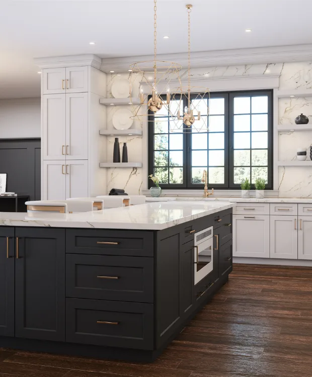 Kitchen with white US Cabinet Depot Shaker cabinets and a black island